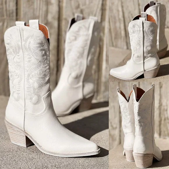 NEW White Cowboy Western Embroidered Stitch Pointy Toe Block Heel Mid Calf Boots - Picture 8 of 13